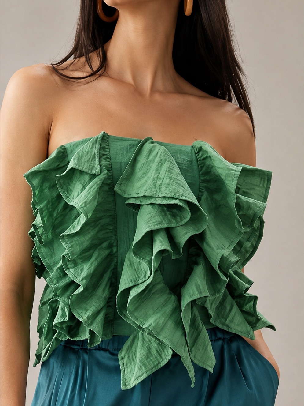 By Anthropologie Strapless Ruffle Top Green Cotton Lightweight Chic Size Small